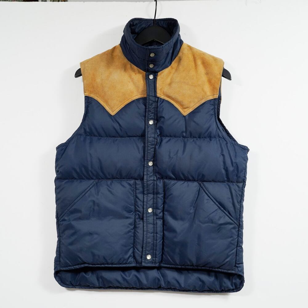 Vintage Woolrich Down Puffer Vest Suede Yoke Navy Brown Men’s Medium - Picture 2 of 11